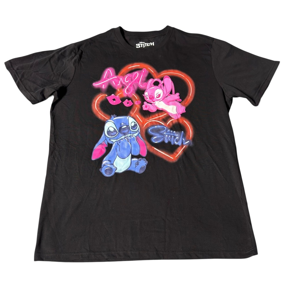 Disney Lilo & Stitch Angel Neon Heart Airbrush Graphic T-Shirt Black XL New